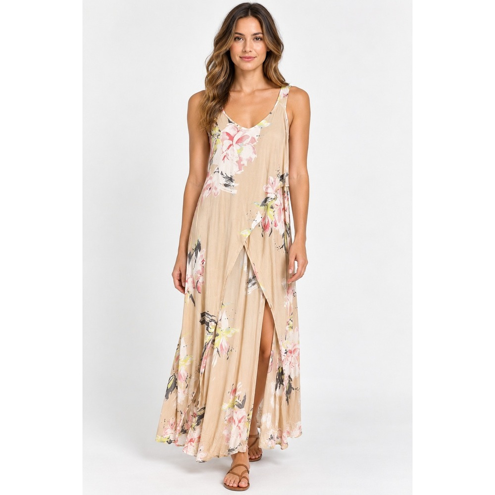 Leith Womens Floral Maxi Dress Tan Pink V-Neck Sleeveless Small TL369451MI
